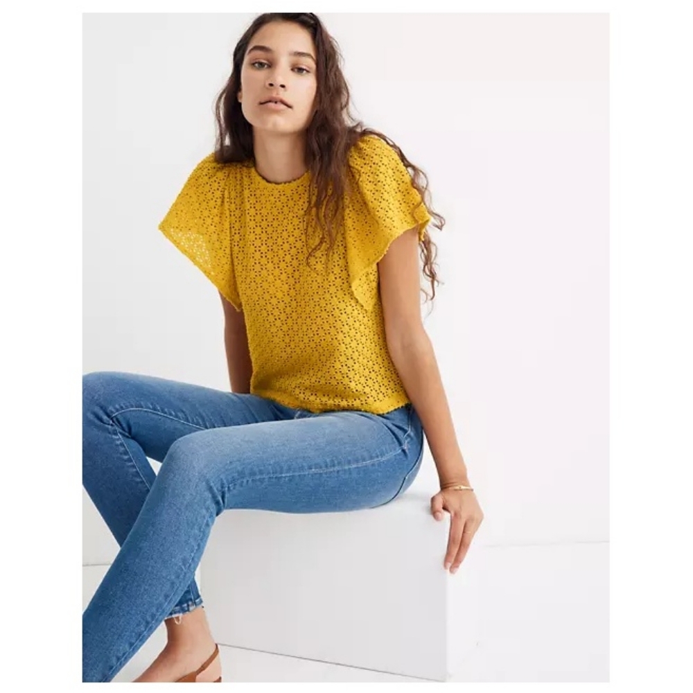 Madewell Top Texture Thread Eyelet Flutter Sleeve Yellow Spring Summer Boho